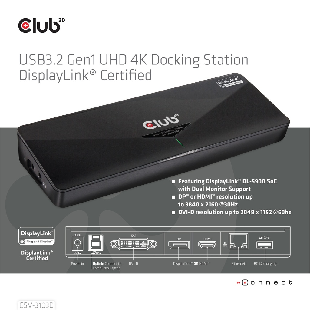 USB-A 5Gbps UHD 4K Docking Station DisplayLink® Certified