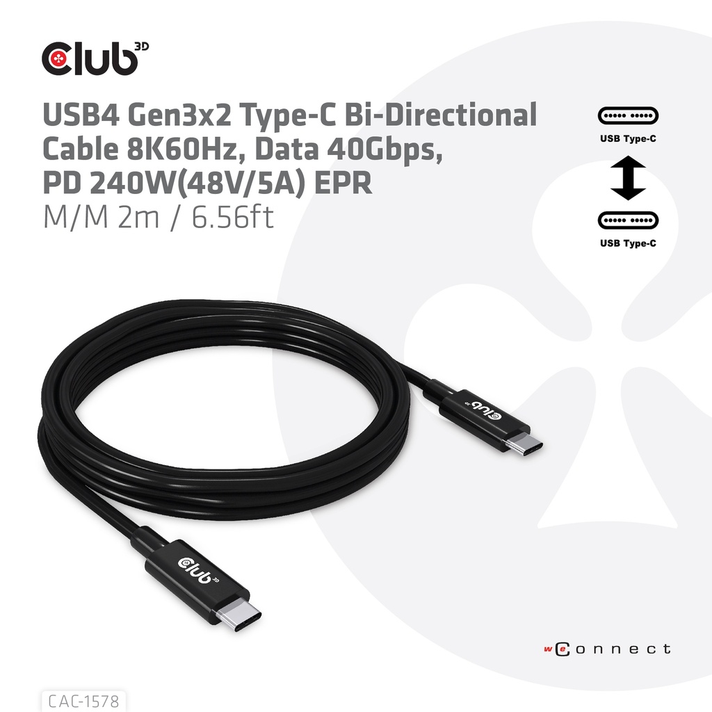USB-C® 40Gbps USB-IF Certified Cable 8K60Hz, PD 240W(48V/5A) EPR M/M 2m / 6.56ft