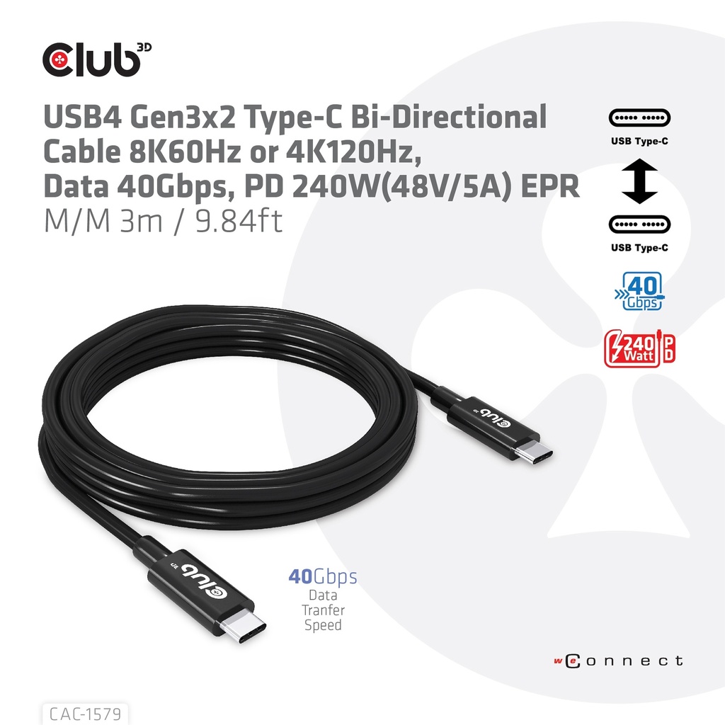 USB-C® 40Gbps Cable 8K60Hz or 4K120Hz, PD 240W(48V/5A) EPR M/M 3m / 9.84ft