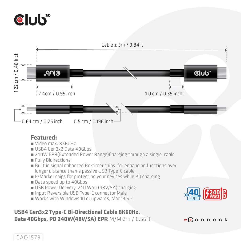 USB-C® 40Gbps Cable 8K60Hz or 4K120Hz, PD 240W(48V/5A) EPR M/M 3m / 9.84ft
