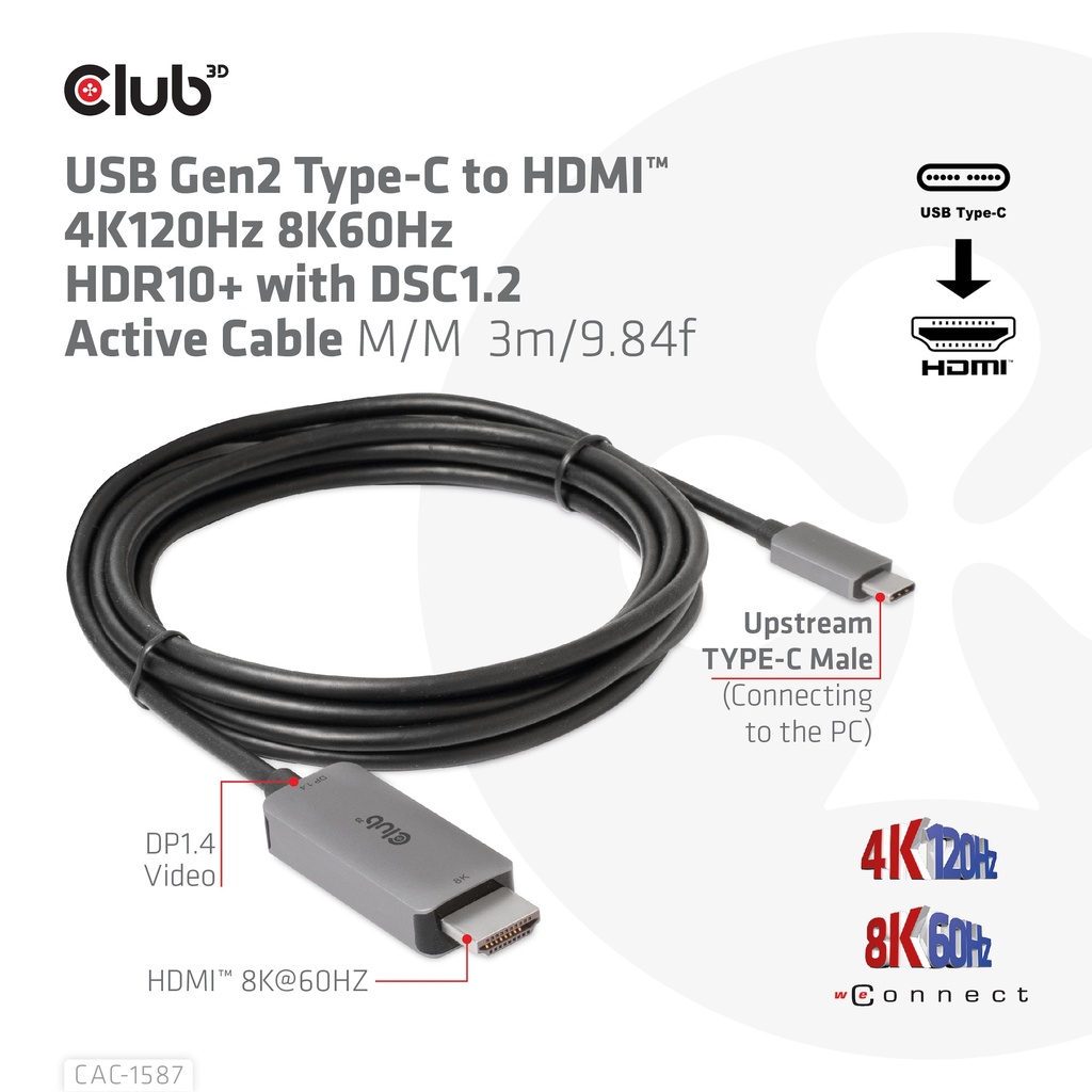USB-C® to HDMI™ 4K120Hz 8K60Hz HDR10 with DSC1.2 Active Cable M/M 3m / 9.84ft