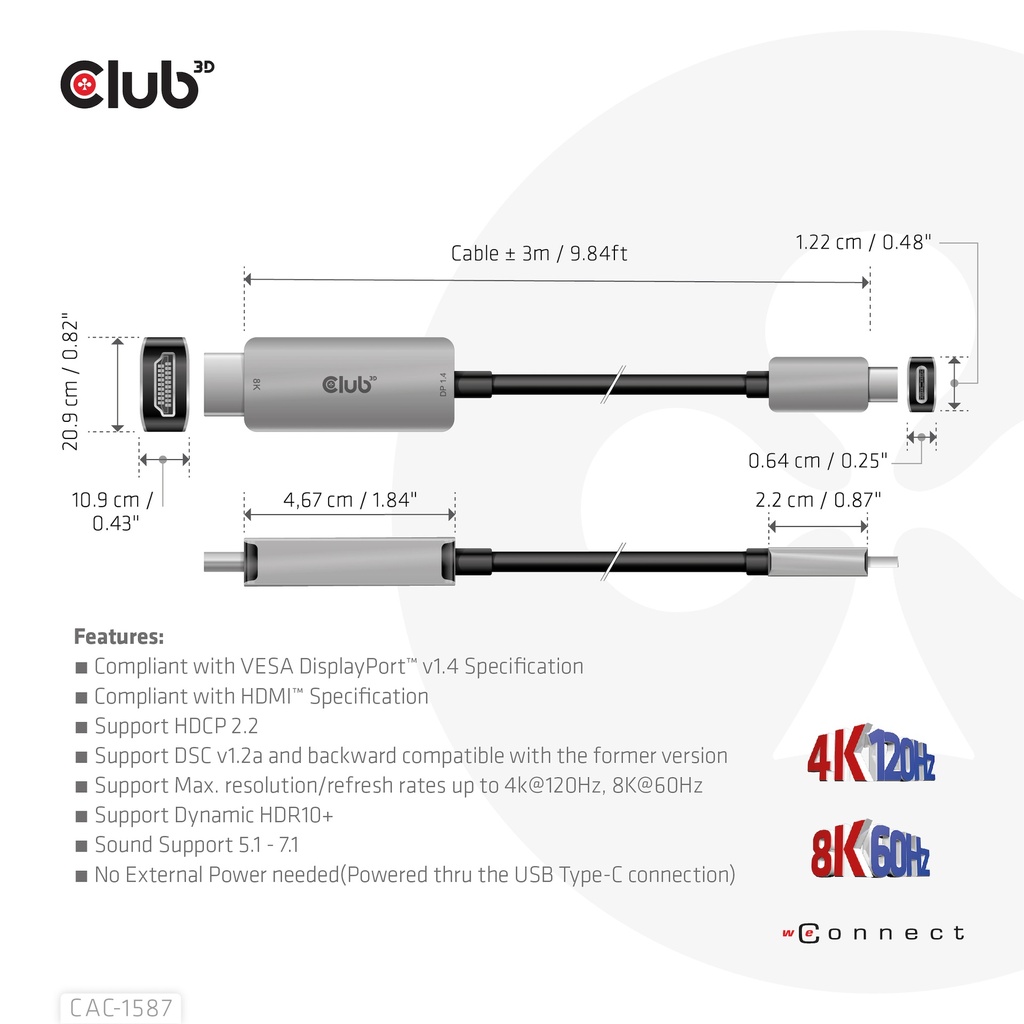 USB-C® to HDMI™ 4K120Hz 8K60Hz HDR10 with DSC1.2 Active Cable M/M 3m / 9.84ft
