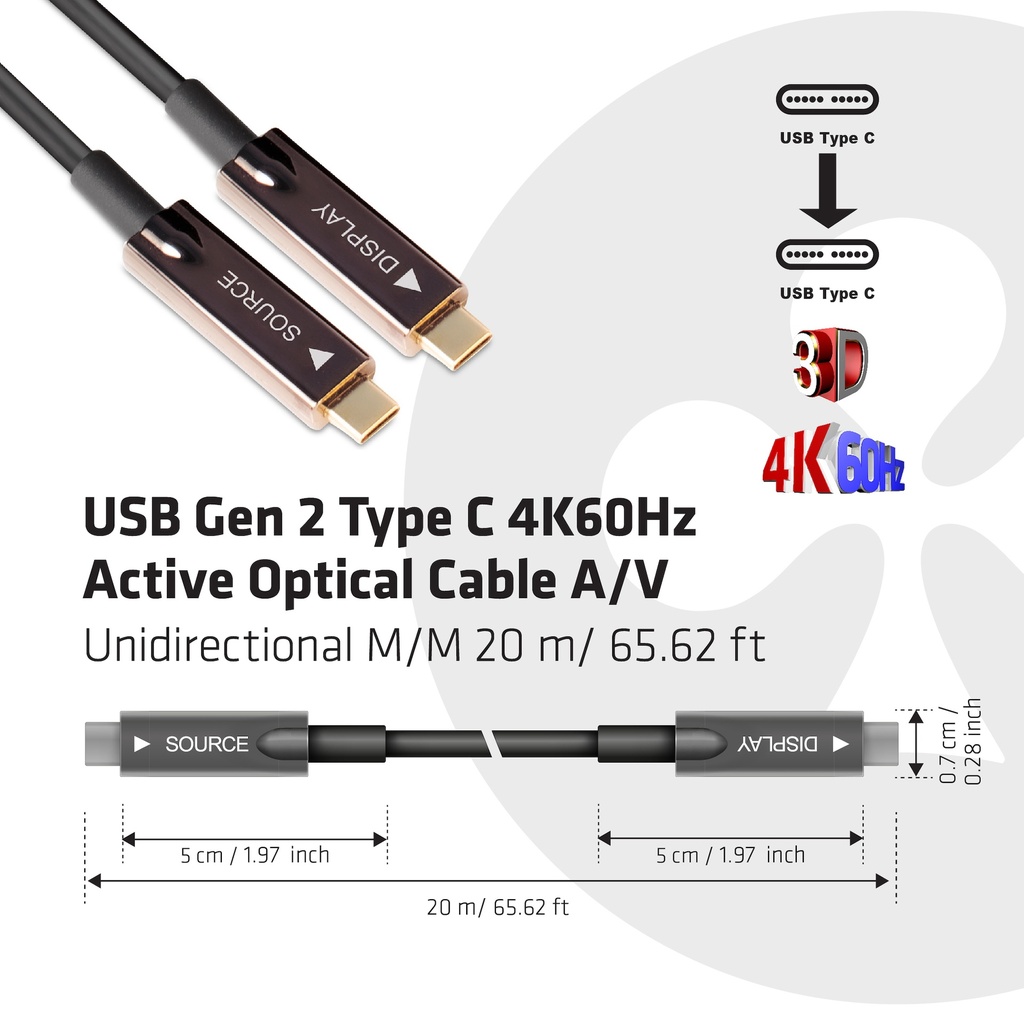 USB-C® Active Optical Cable A/V Unidirectional M/M 20 m/ 65.62 ft