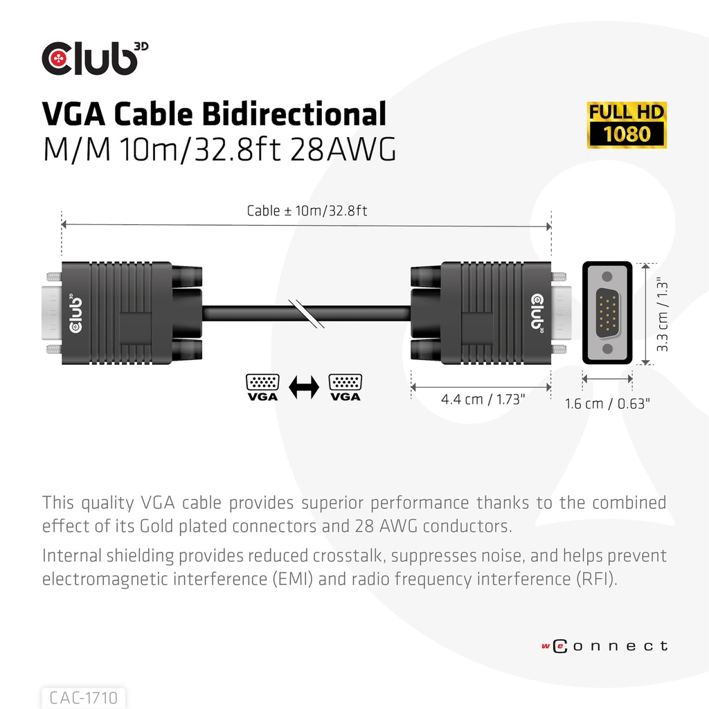 VGA Cable Bidirectional M/M 10m/32.8ft 28AWG