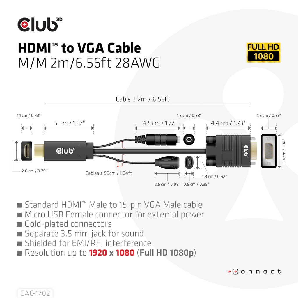 HDMI™ to VGA Cable M/M 2m/6.56ft 28AWG