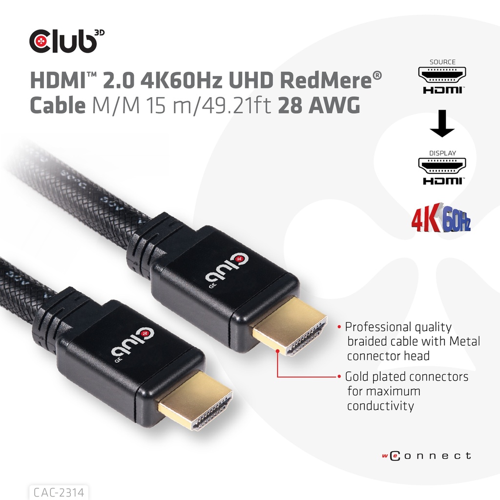 HDMI™ 2.0 4K60Hz UHD RedMere Cable M/M 15 m/49.21ft 28 AWG