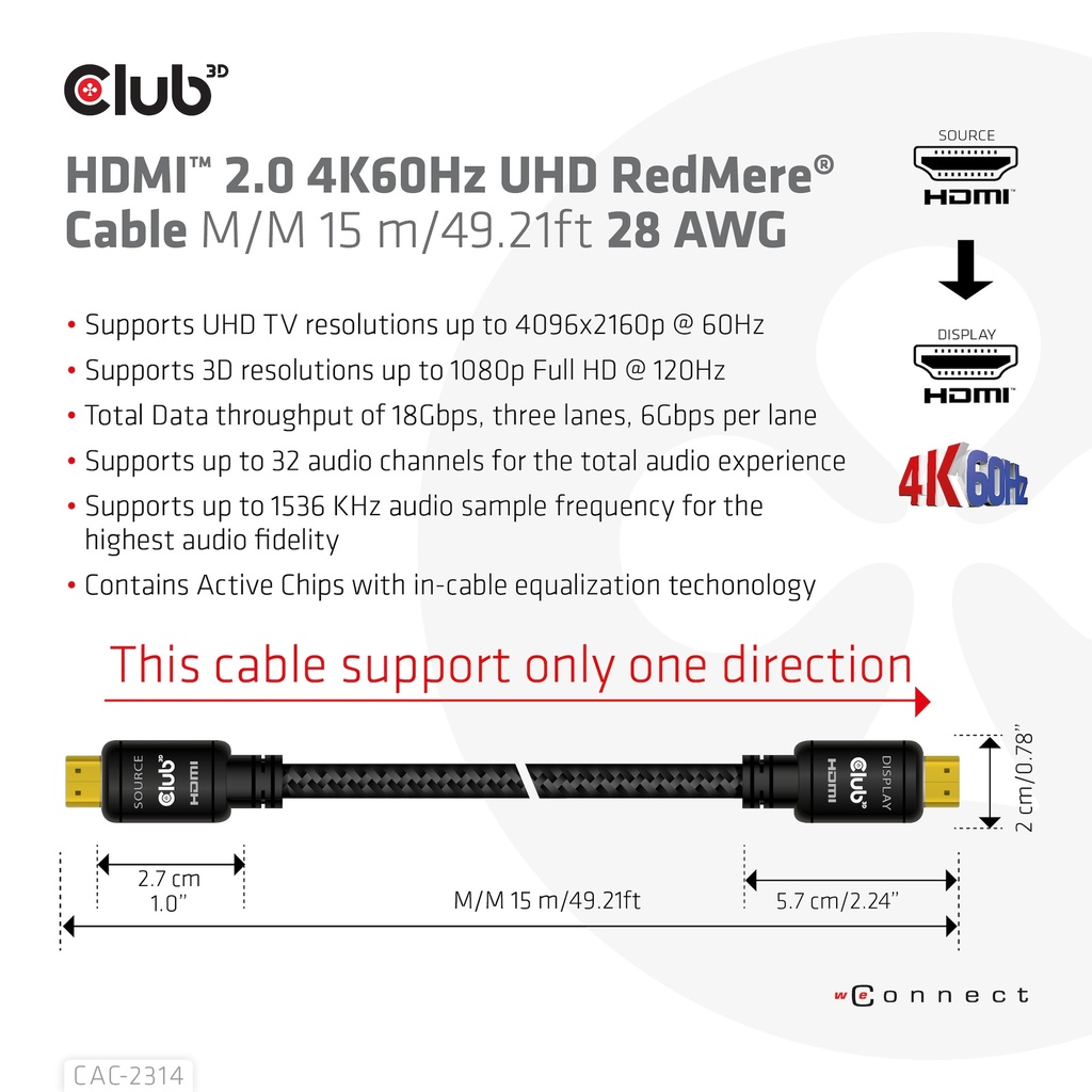 HDMI™ 2.0 4K60Hz UHD RedMere Cable M/M 15 m/49.21ft 28 AWG