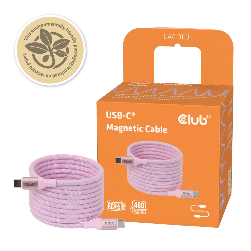 USB-C® Magnetic-Coil 240W PD3.1 Pink Cable 2m / 6.56ft Fast Charging