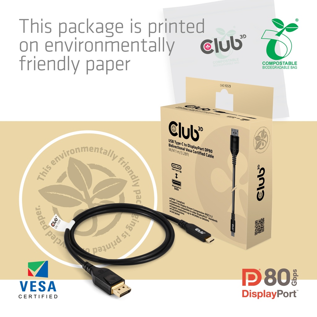 USB-C® to DisplayPort™ DP™80 Bidirectional Vesa Certified Cable 1m/ 3.28 ft
