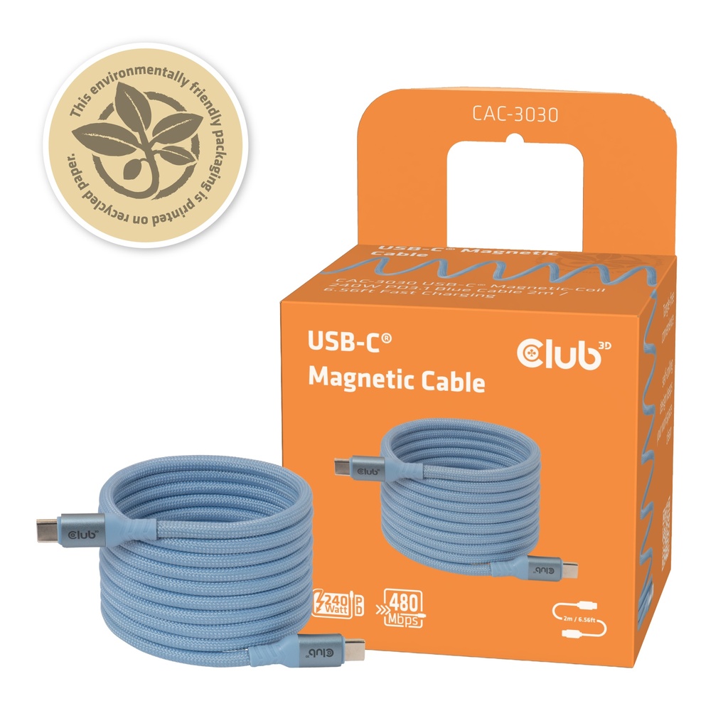 USB-C® Magnetic-Coil 240W PD3.1 Blue Cable 2m / 6.56ft Fast Charging