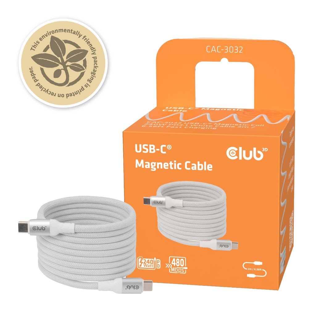 USB-C® Magnetic-Coil 240W PD3.1 White Cable 2m / 6.56ft Fast Charging