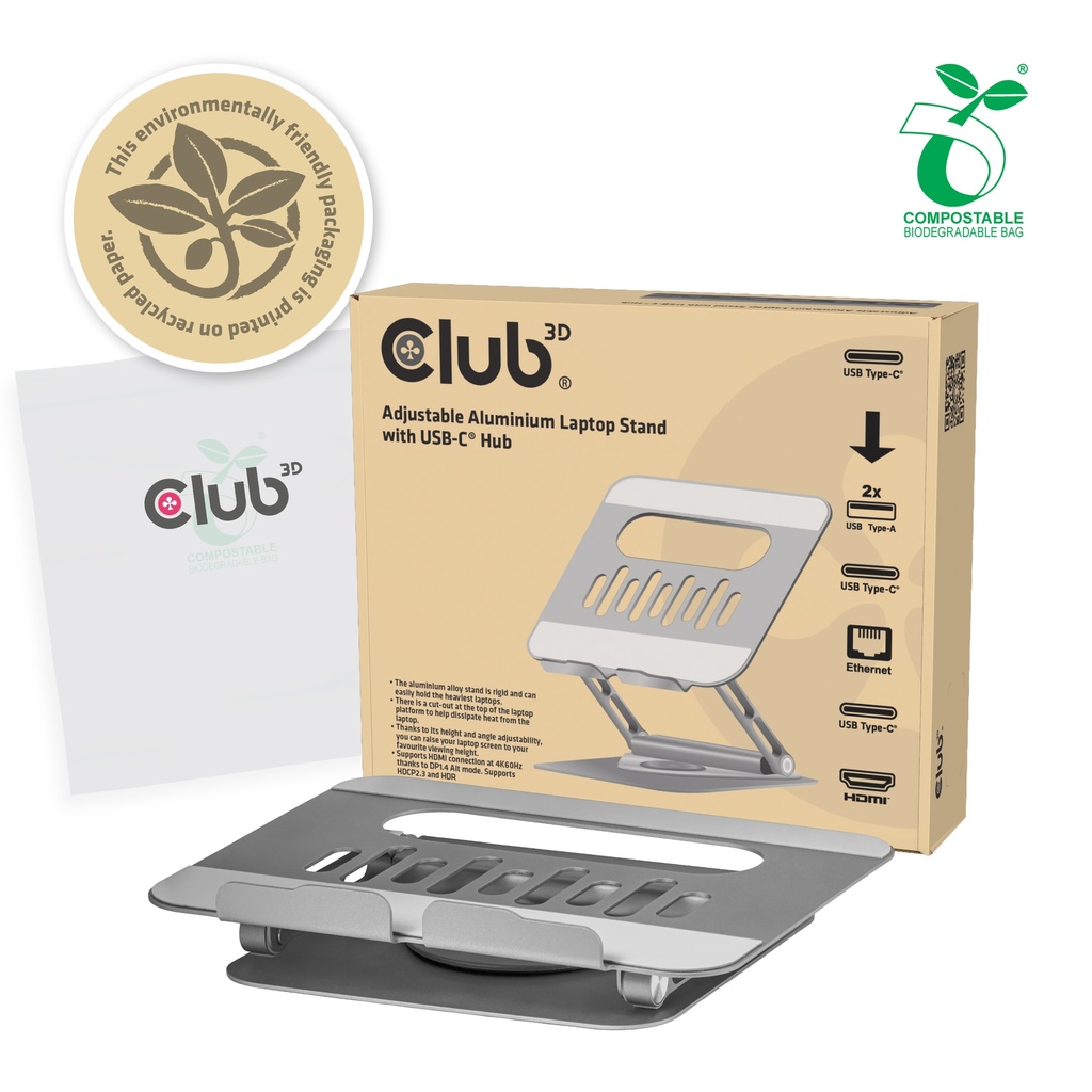 CSV-2554 Adjustable Aluminium Laptop Stand with USB-C® Hub 4K60Hz 100W 360°