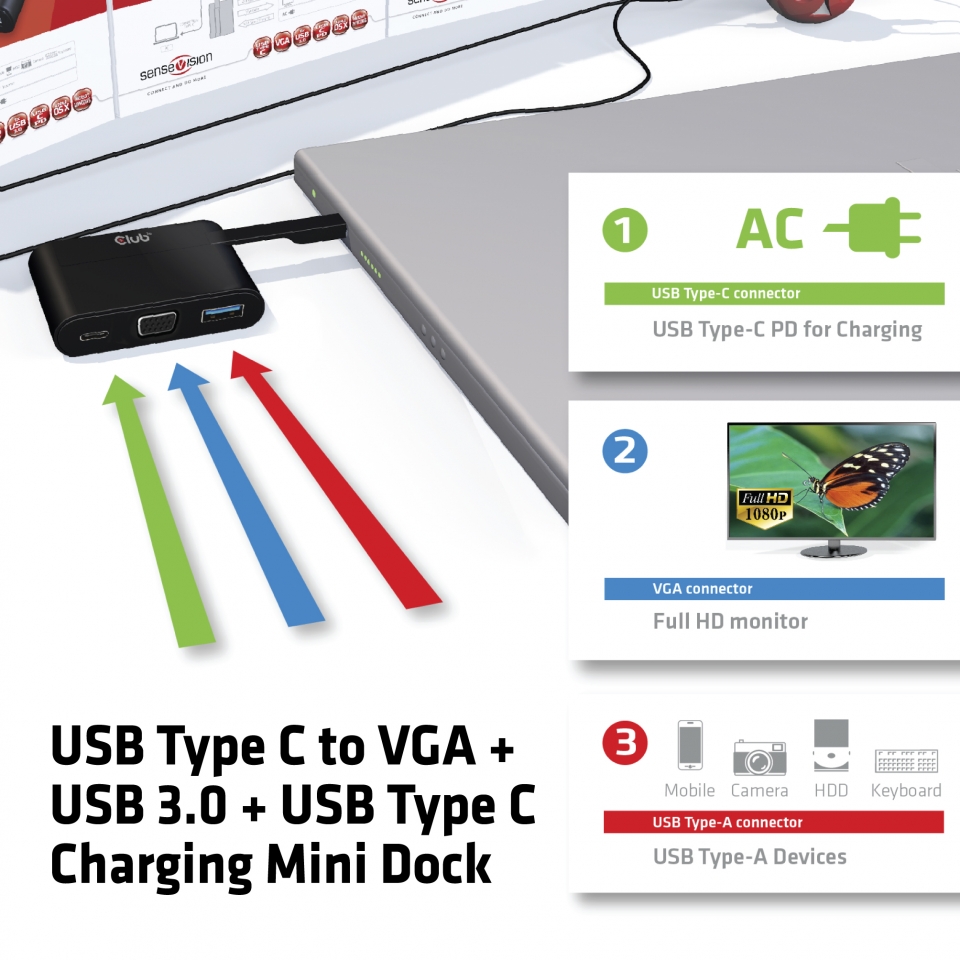 USB-C® to VGA + USB-A  5Gbps+ USB-C® Charging Mini Dock