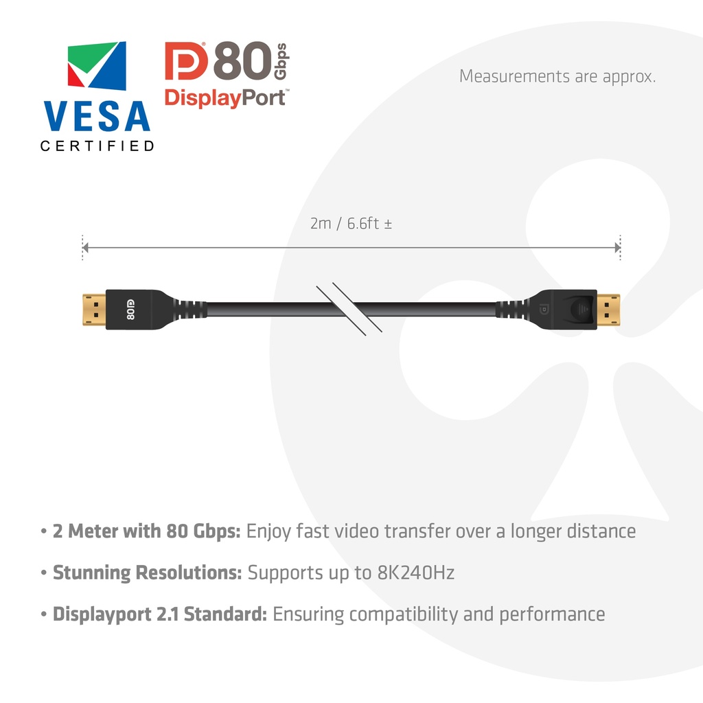 CAC-1094 DisplayPort 2.1 80Gbps Cable Male/Male 2m/6.6ft 26AWG