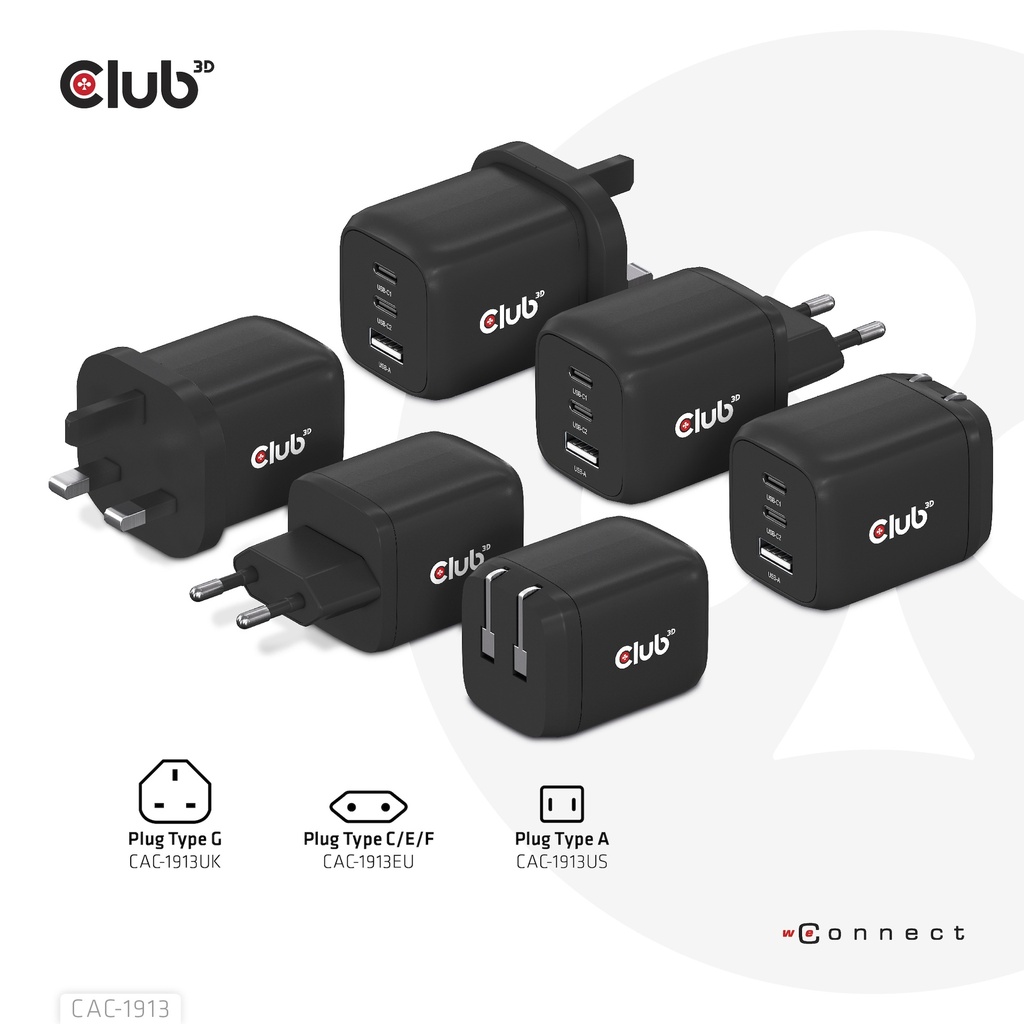 Travel Charger PPS 65Watt GAN technology, Triple port (2x USB -C® + USB -A) Power Delivery(PD) 3.0 Support EU
