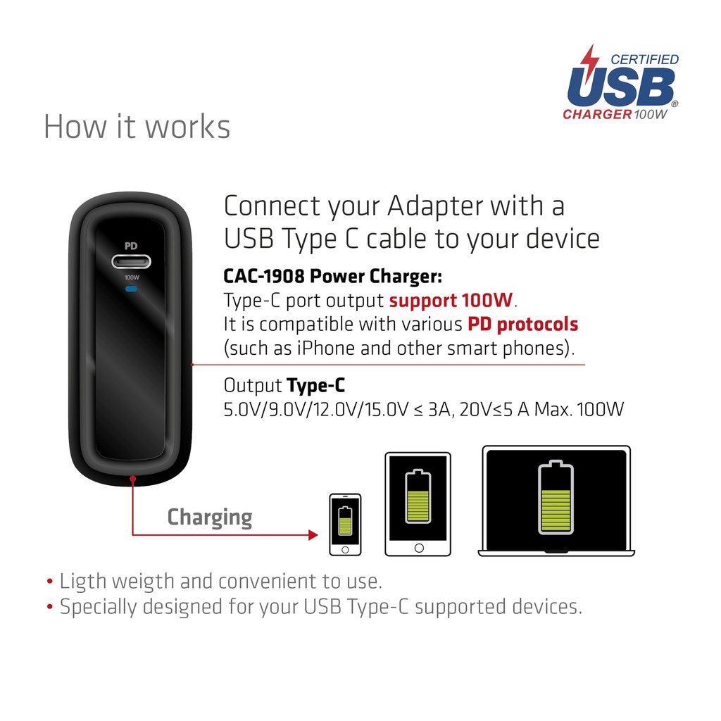 Travel Charger 100 Watt GAN technology, USB-IF TID certified, Single port USB -C®, Power Delivery(PD) 3.0 Support EU