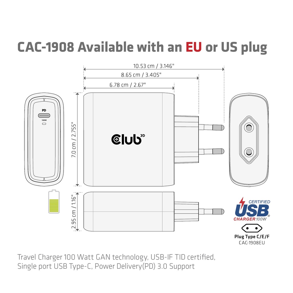Travel Charger 100 Watt GAN technology, USB-IF TID certified, Single port USB -C®, Power Delivery(PD) 3.0 Support EU