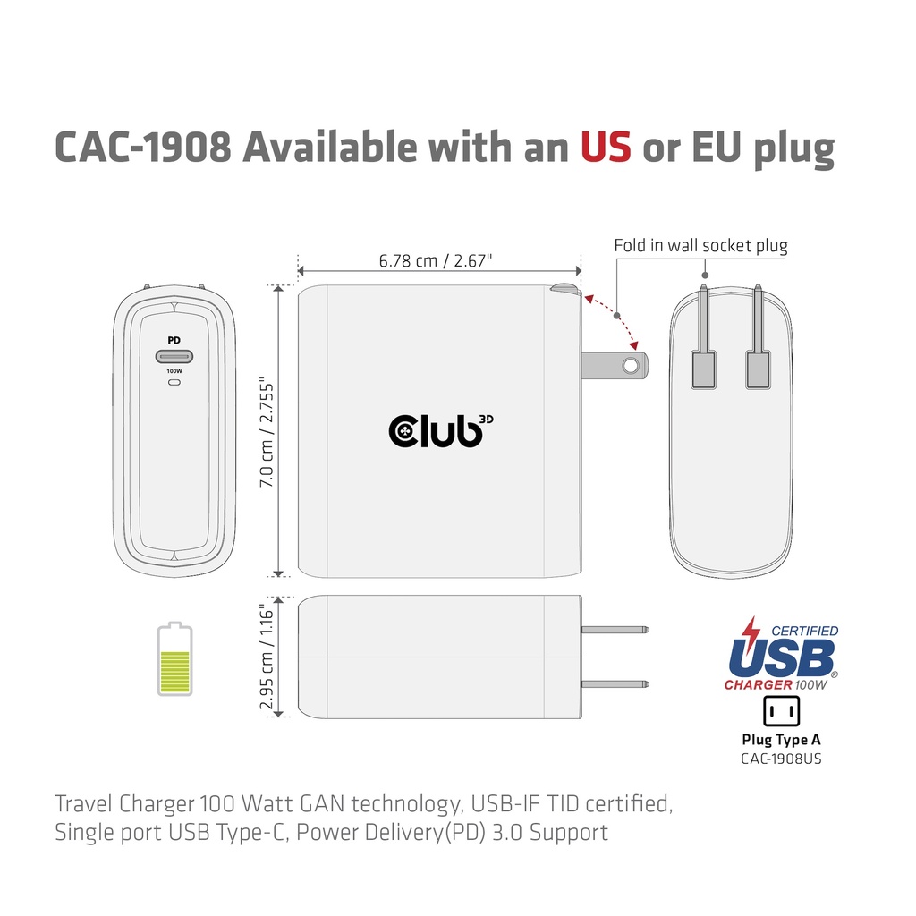 Travel Charger 100 Watt GAN technology, USB-IF TID certified, Single port USB -C®, Power Delivery(PD) 3.0 Support EU