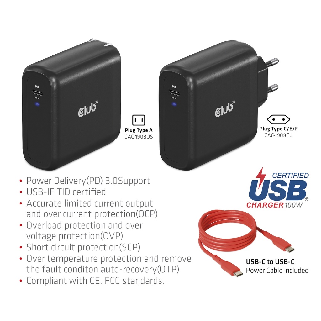 Travel Charger 100 Watt GAN technology, USB-IF TID certified, Single port USB -C®, Power Delivery(PD) 3.0 Support EU