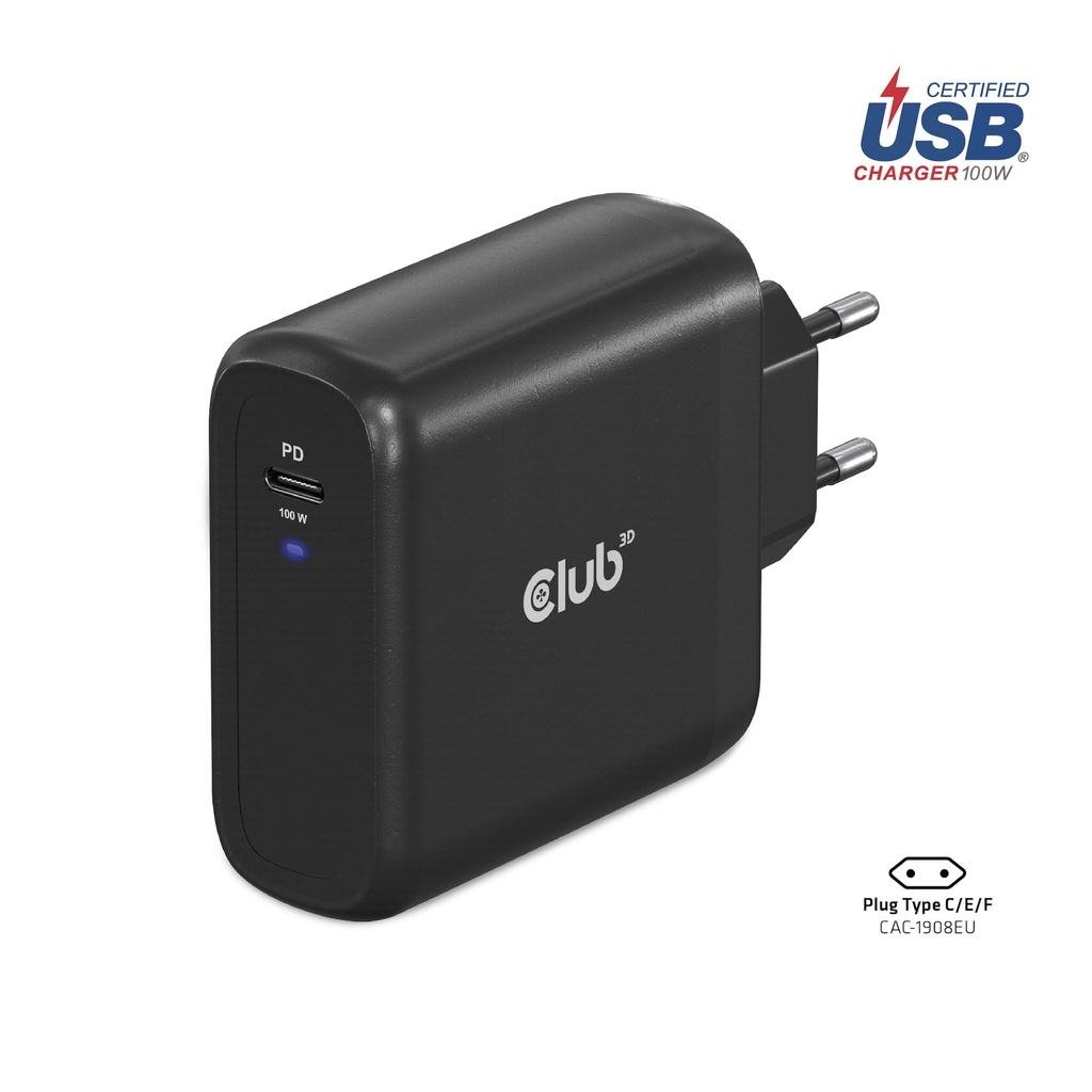 Travel Charger 100 Watt GAN technology, USB-IF TID certified, Single port USB -C®, Power Delivery(PD) 3.0 Support EU