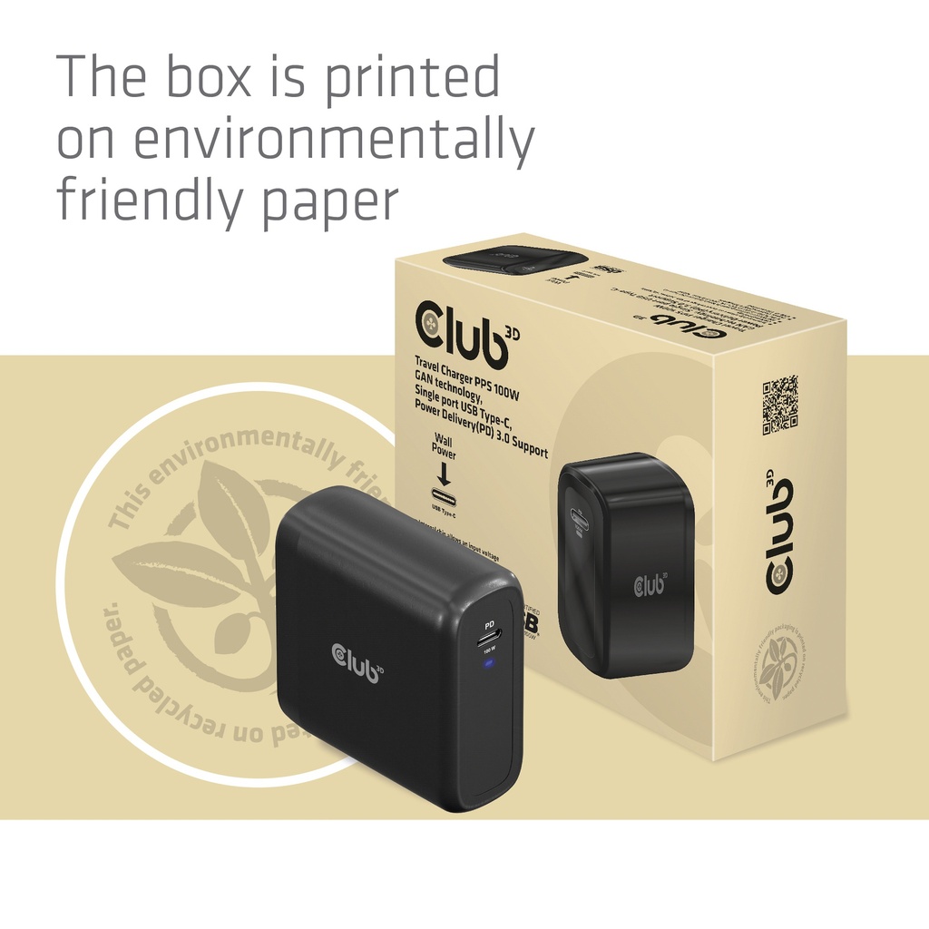 Travel Charger 100 Watt GAN technology, USB-IF TID certified, Single port USB -C®, Power Delivery(PD) 3.0 Support EU