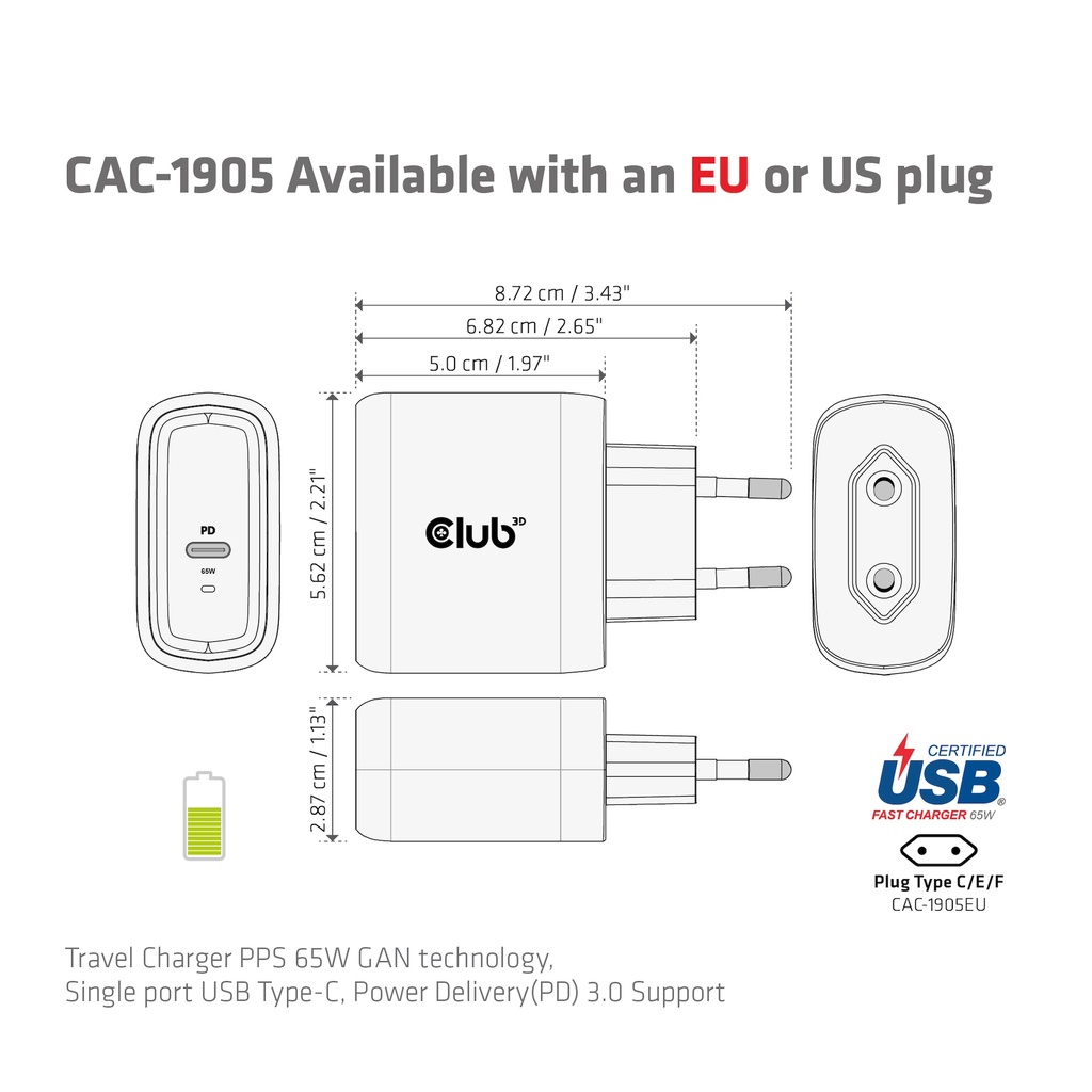 Travel Charger PPS 65W GAN technology, Single port USB -C®, Power Delivery(PD) 3.0 Support