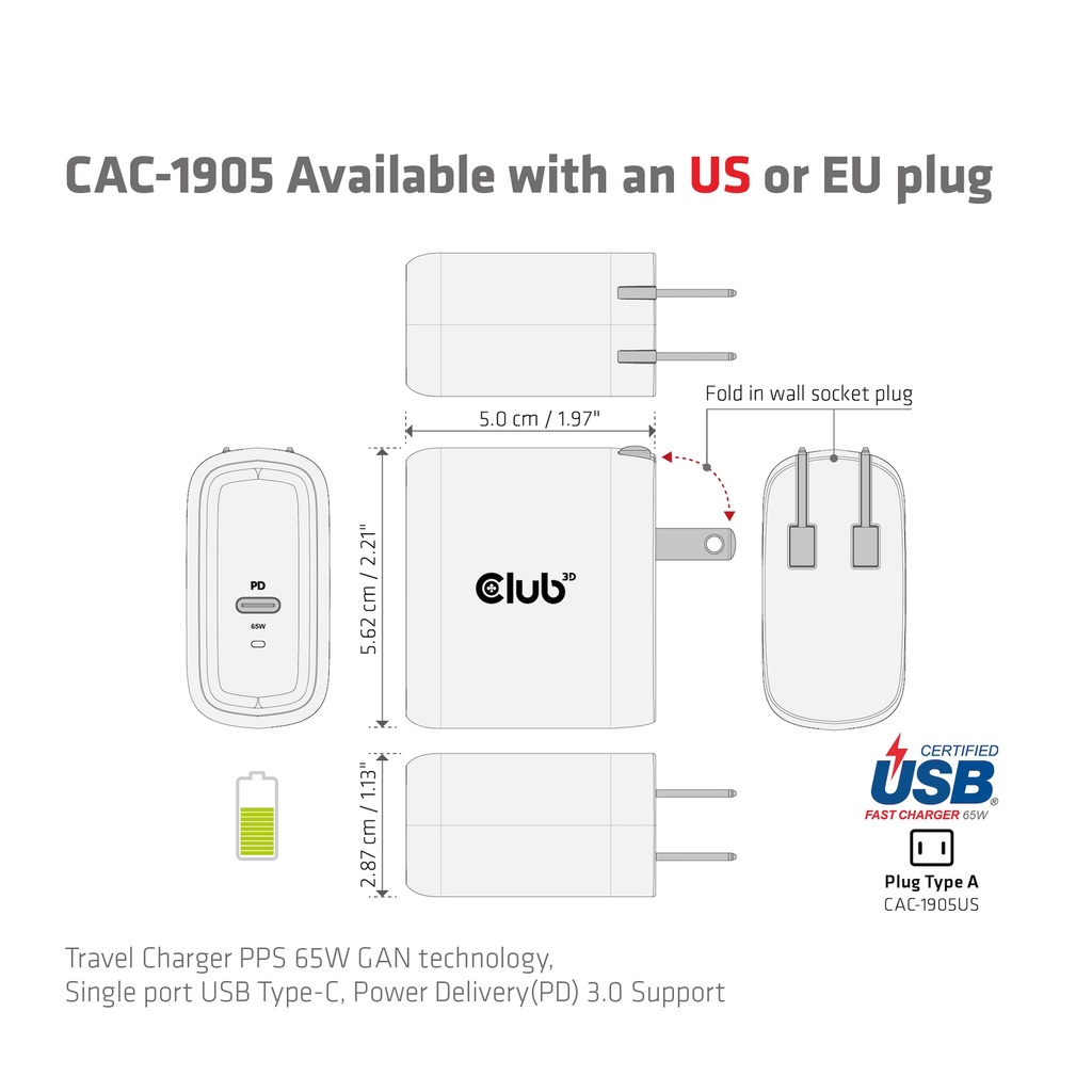 Travel Charger PPS 65W GAN technology, Single port USB -C®, Power Delivery(PD) 3.0 Support