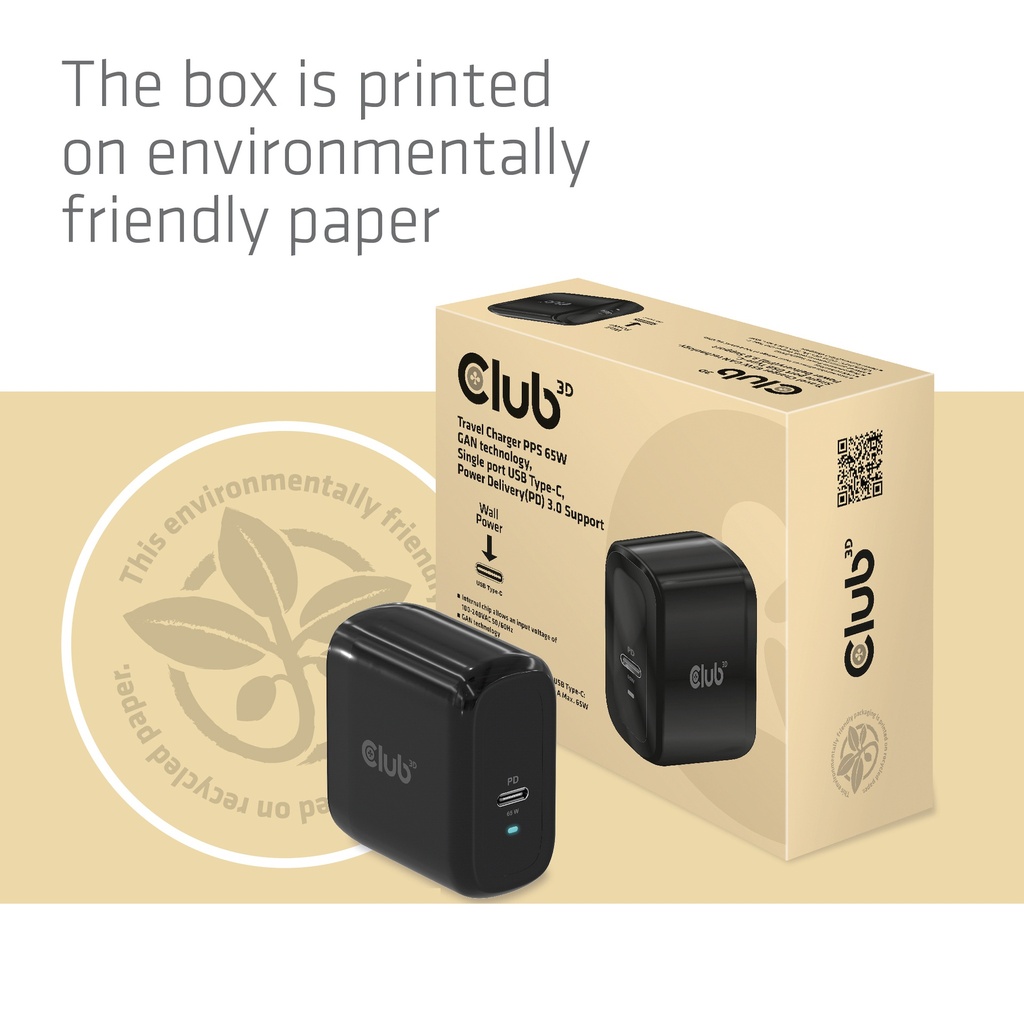 Travel Charger PPS 65W GAN technology, Single port USB -C®, Power Delivery(PD) 3.0 Support