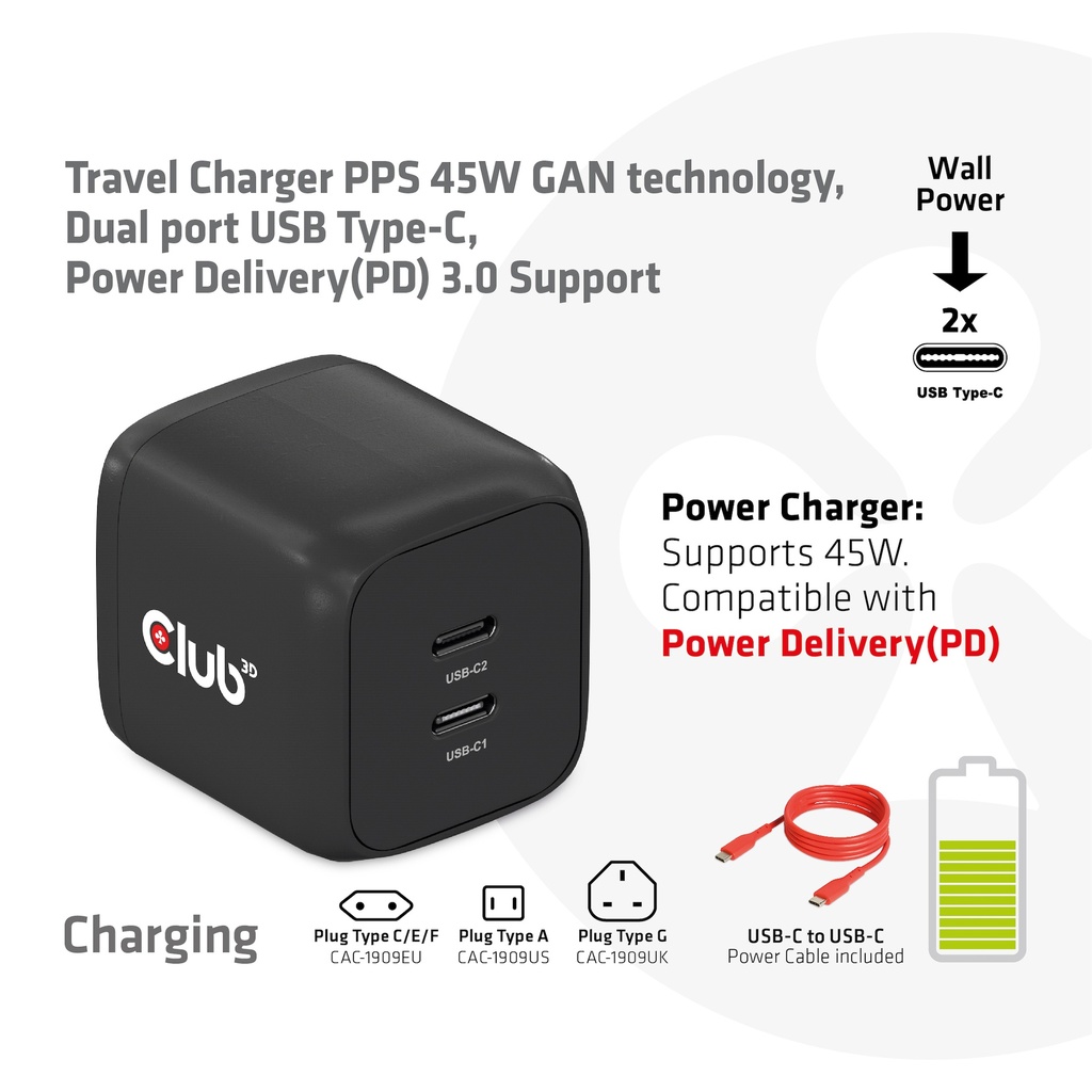 Travel Charger PPS 45W GAN technology, Dual port USB -C®, Power Delivery(PD) 3.0 Support