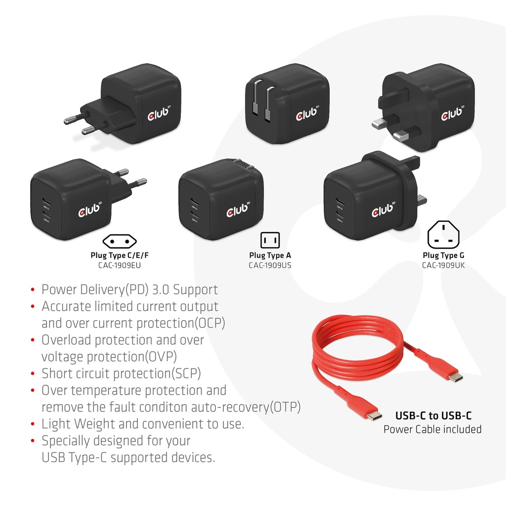 Travel Charger PPS 45W GAN technology, Dual port USB -C®, Power Delivery(PD) 3.0 Support