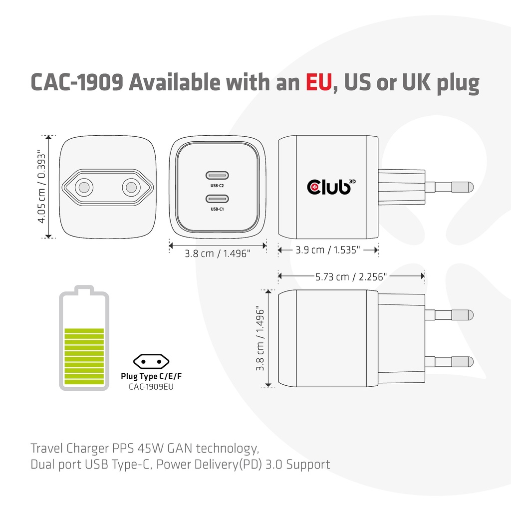 Travel Charger PPS 45W GAN technology, Dual port USB -C®, Power Delivery(PD) 3.0 Support
