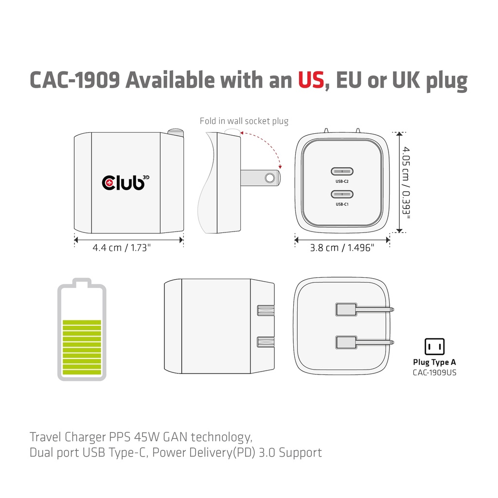 Travel Charger PPS 45W GAN technology, Dual port USB -C®, Power Delivery(PD) 3.0 Support