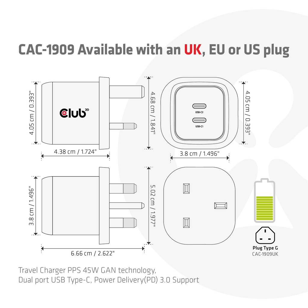 Travel Charger PPS 45W GAN technology, Dual port USB -C®, Power Delivery(PD) 3.0 Support