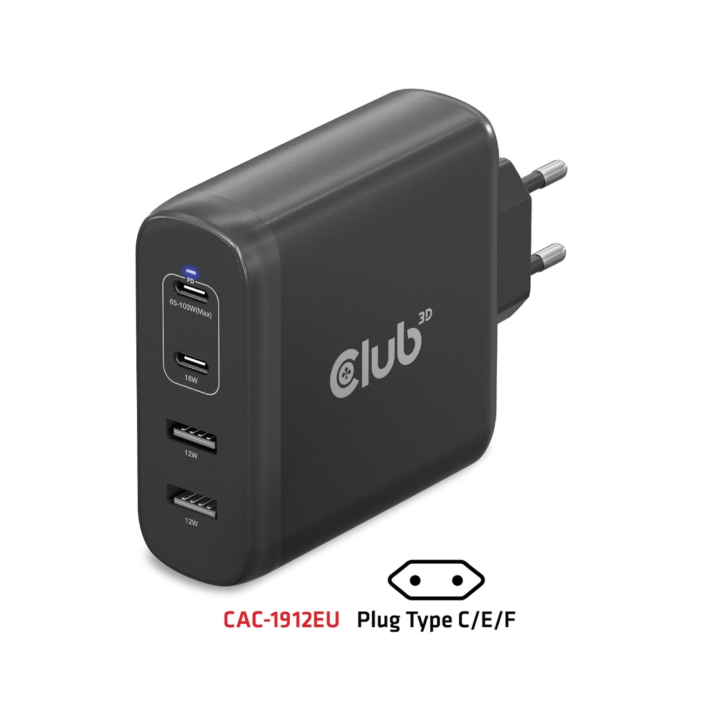 Travel Charger 100W GaN technology, Four port USB -A(2x) and -C®(2x), Power Delivery(PD) 3.0 Support