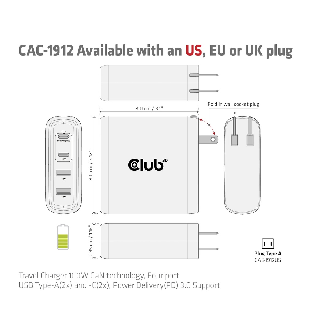 Travel Charger 100W GaN technology, Four port USB -A(2x) and -C®(2x), Power Delivery(PD) 3.0 Support