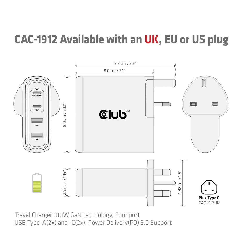 Travel Charger 100W GaN technology, Four port USB -A(2x) and -C®(2x), Power Delivery(PD) 3.0 Support