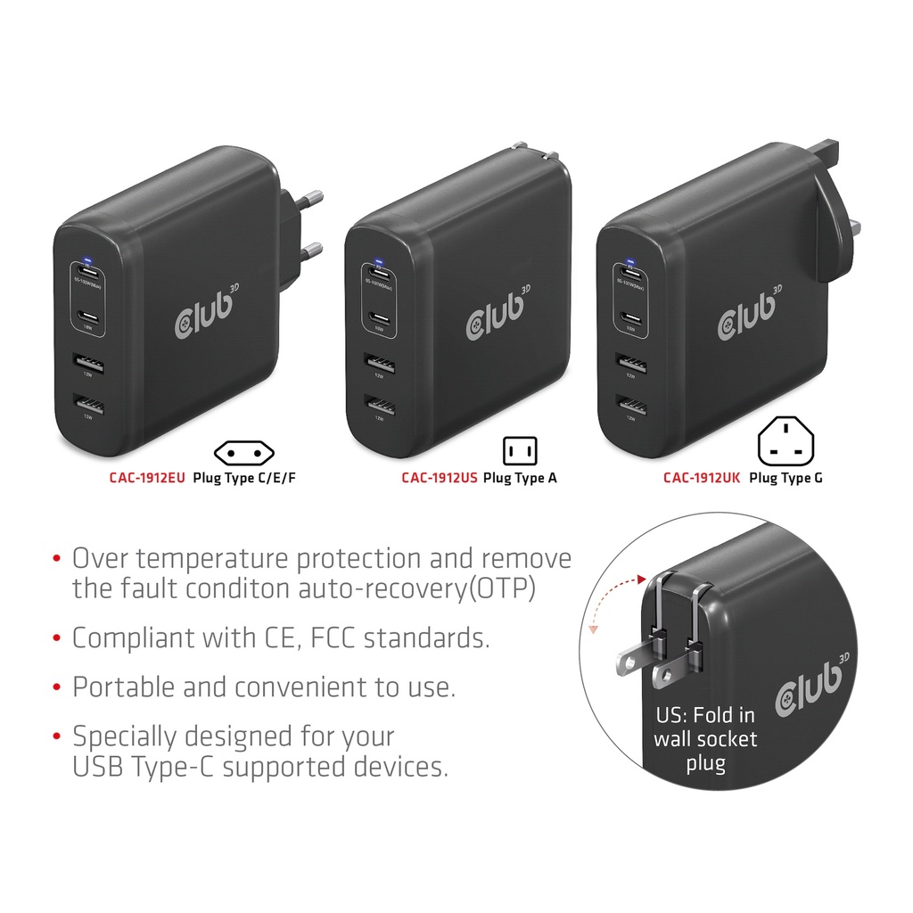 Travel Charger 100W GaN technology, Four port USB -A(2x) and -C®(2x), Power Delivery(PD) 3.0 Support