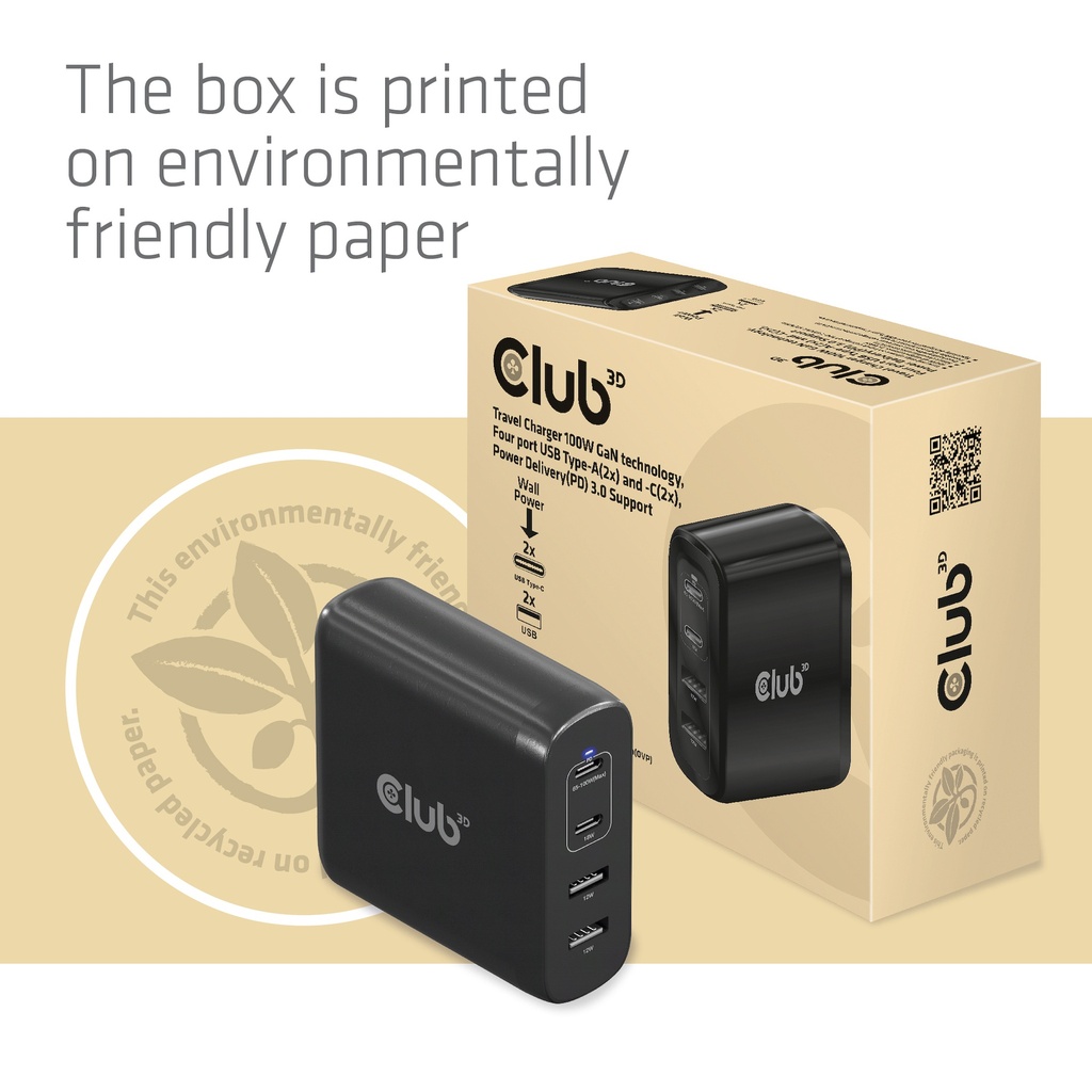 Travel Charger 100W GaN technology, Four port USB -A(2x) and -C®(2x), Power Delivery(PD) 3.0 Support