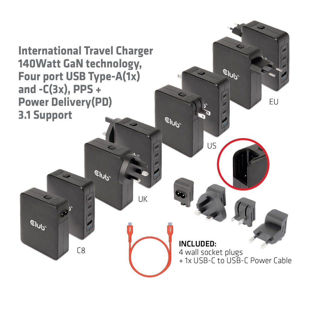 International Travel Charger 140W GaN technology, Four port USB -A(1x) and -C®(3x), PPS + Power Delivery(PD) 5Gbps Support