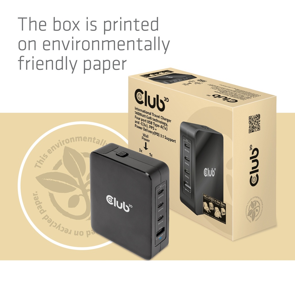 International Travel Charger 140W GaN technology, Four port USB -A(1x) and -C®(3x), PPS + Power Delivery(PD) 5Gbps Support