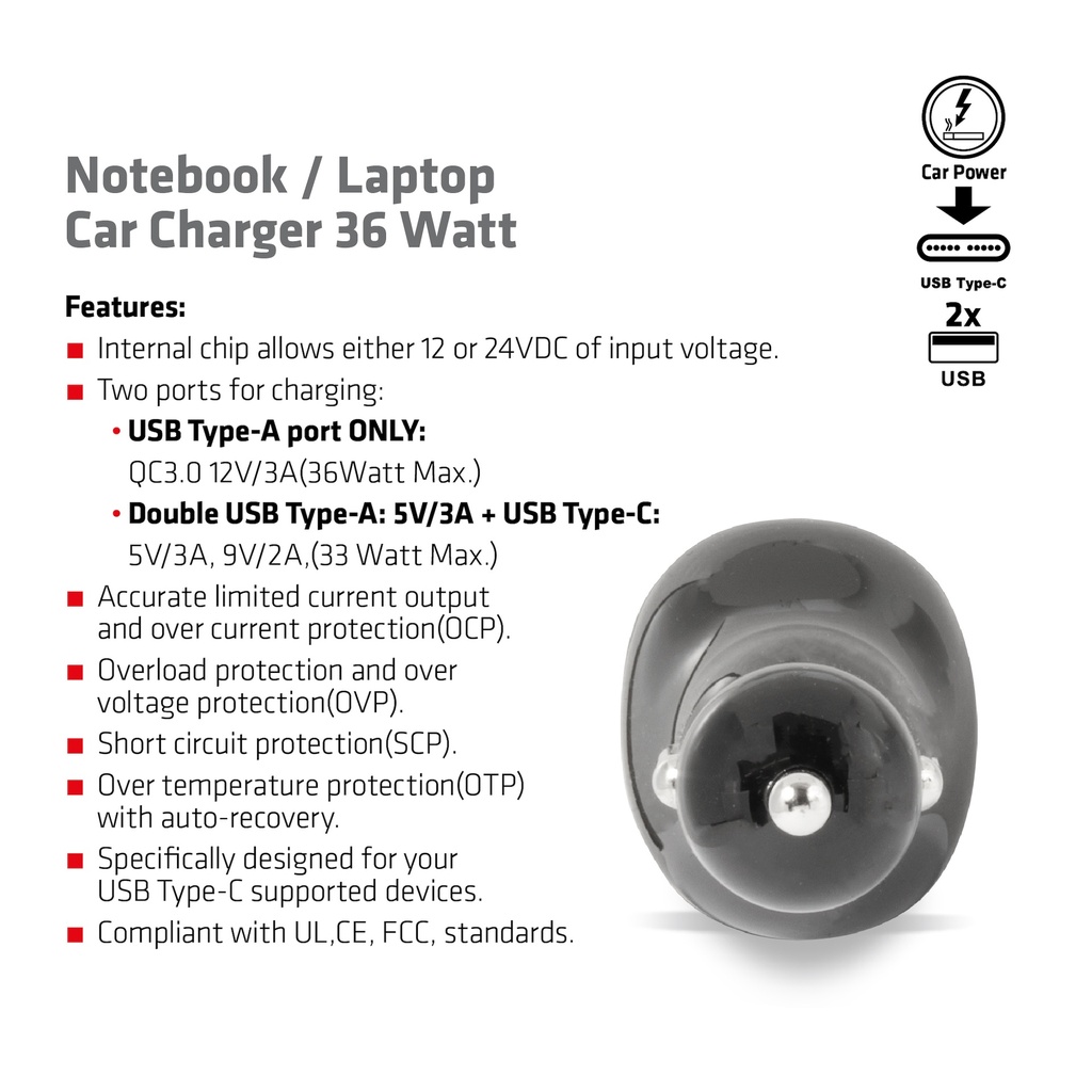 Notebook / Laptop Car Charger 36 Watt