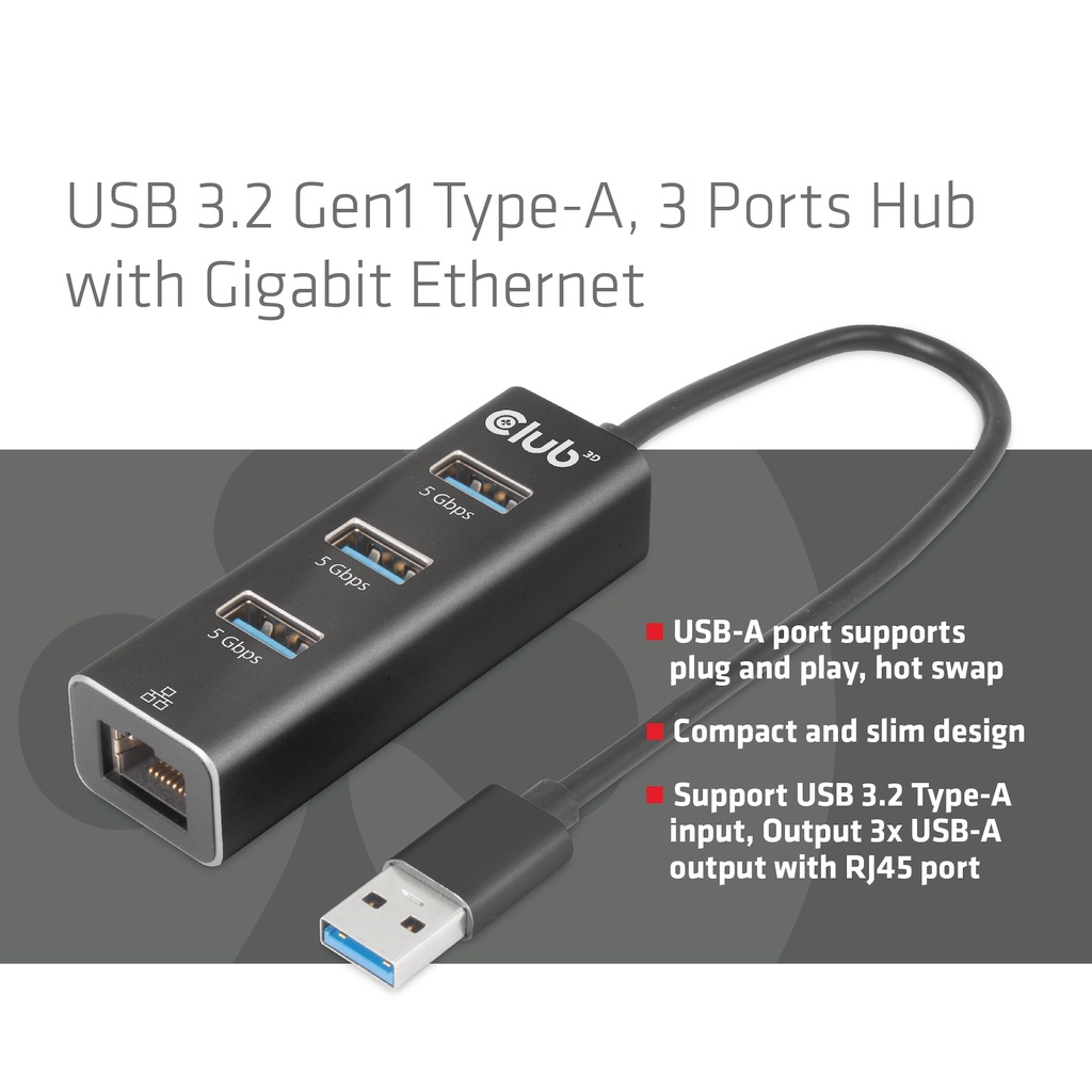 USB-A 5Gbps 3 Ports Hub Gigabit Ethernet