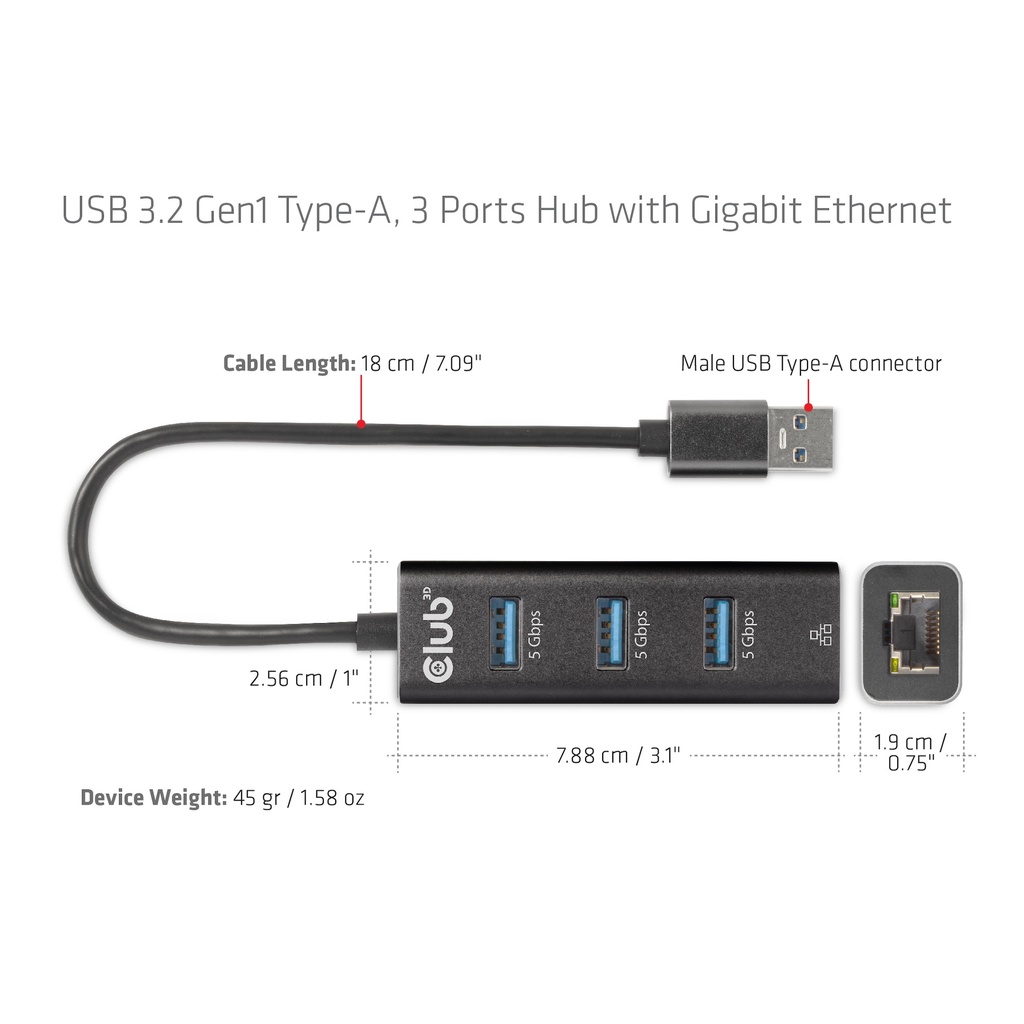USB-A 5Gbps 3 Ports Hub Gigabit Ethernet