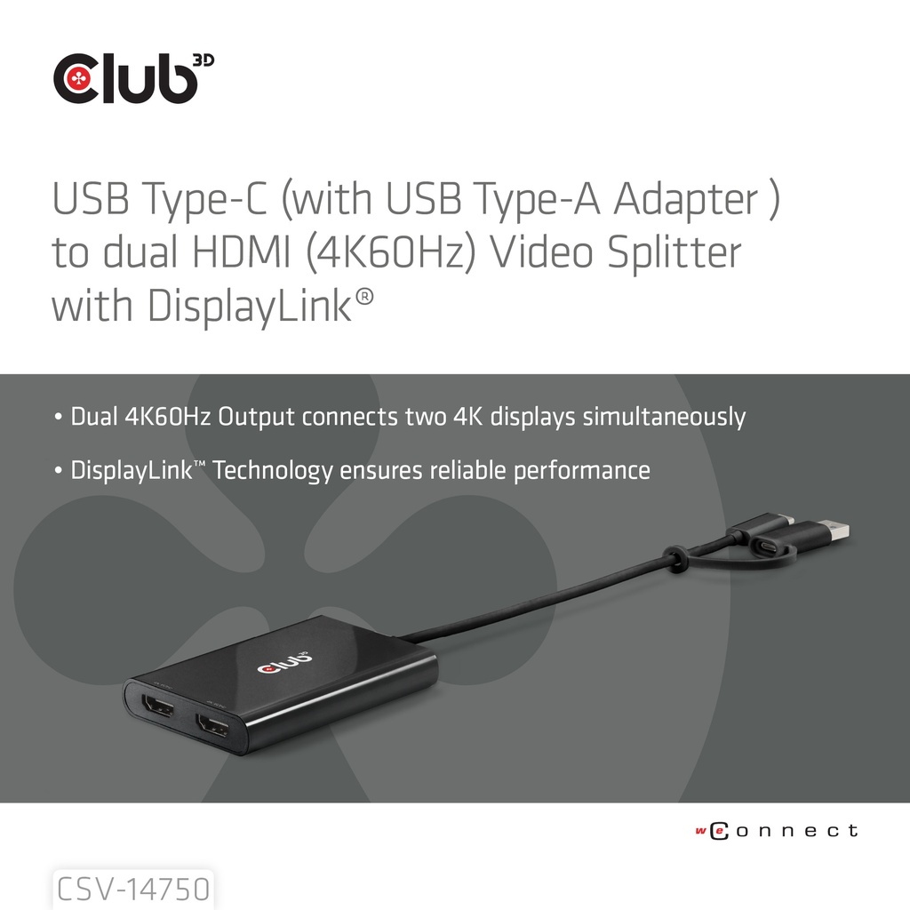 USB-C® (with USB -A Adapter) to dual HDMI™ (4K60Hz) Video Splitter with DisplayLink®