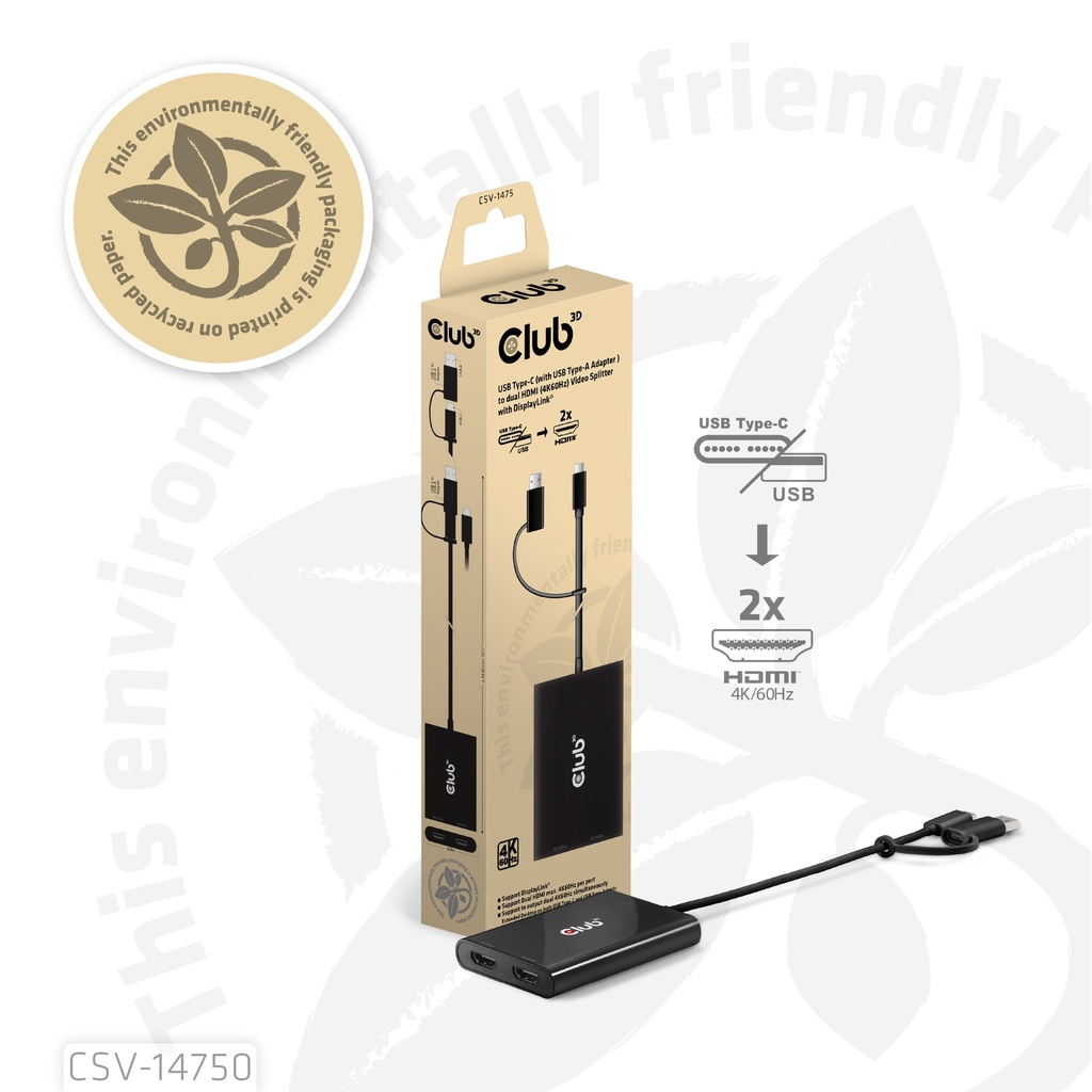 USB-C® (with USB -A Adapter) to dual HDMI™ (4K60Hz) Video Splitter with DisplayLink®