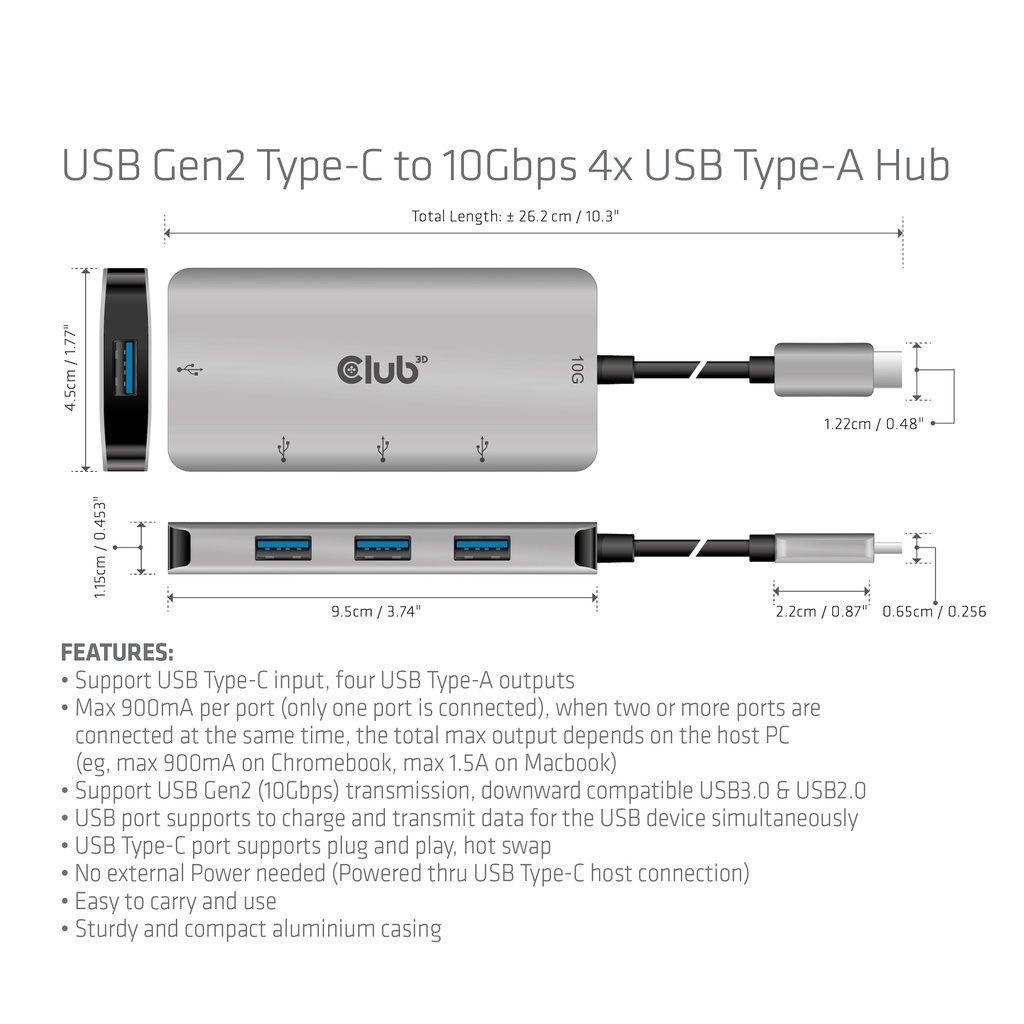 USB-C®10Gbps  to 10Gbps 4x USB Type-A Hub