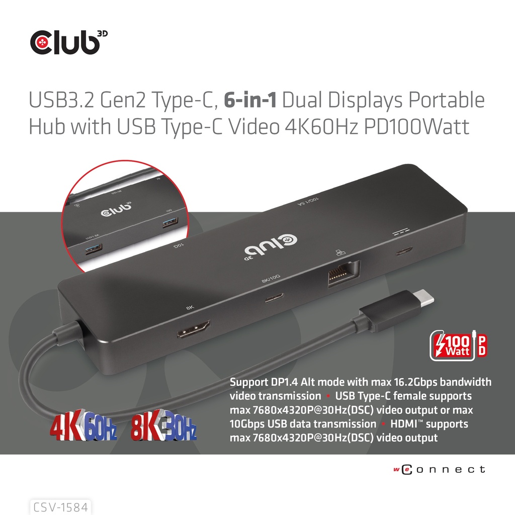 USB-C®, 6-in-1 Dual Displays Portable Dock with USB-C®Video 4K60Hz