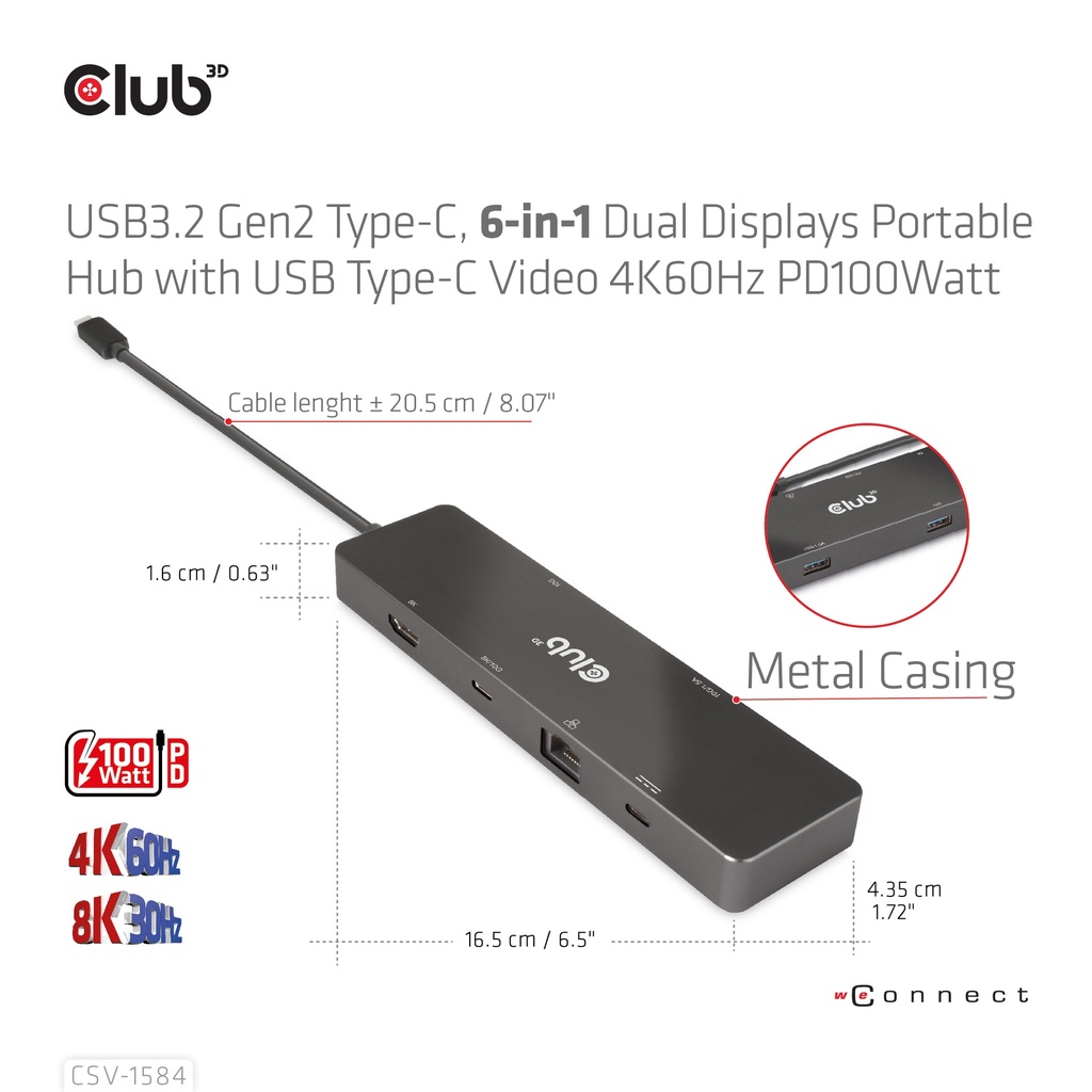 USB-C®, 6-in-1 Dual Displays Portable Dock with USB-C®Video 4K60Hz