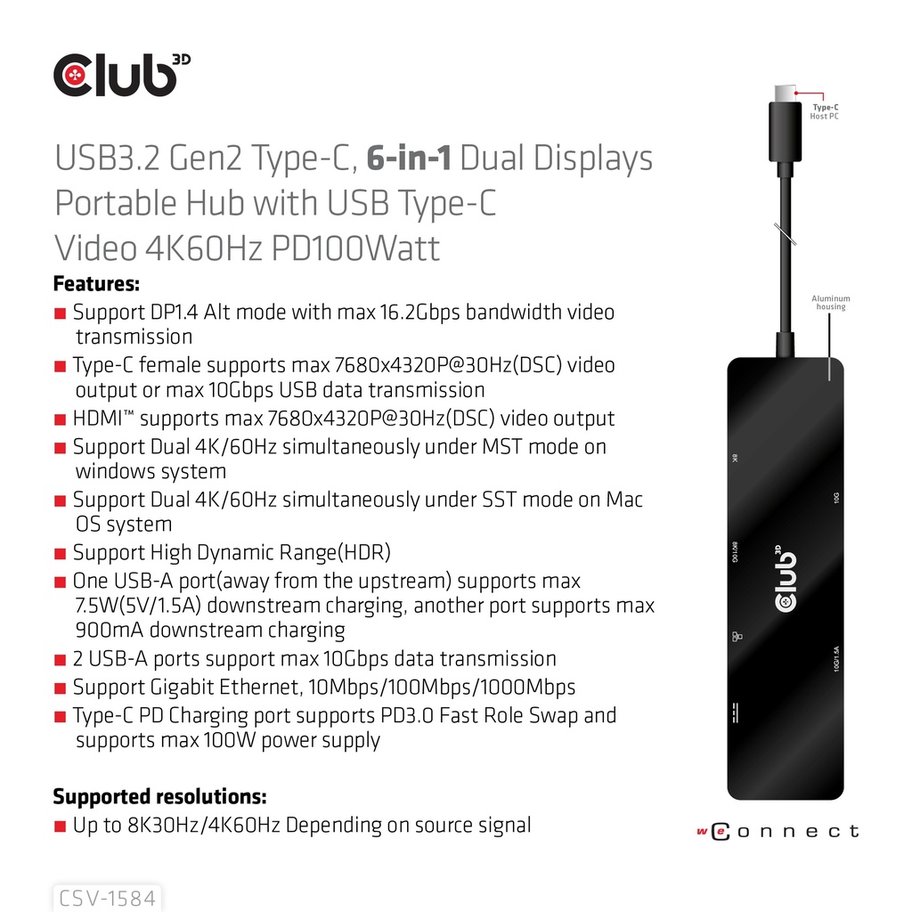 USB-C®, 6-in-1 Dual Displays Portable Dock with USB-C®Video 4K60Hz