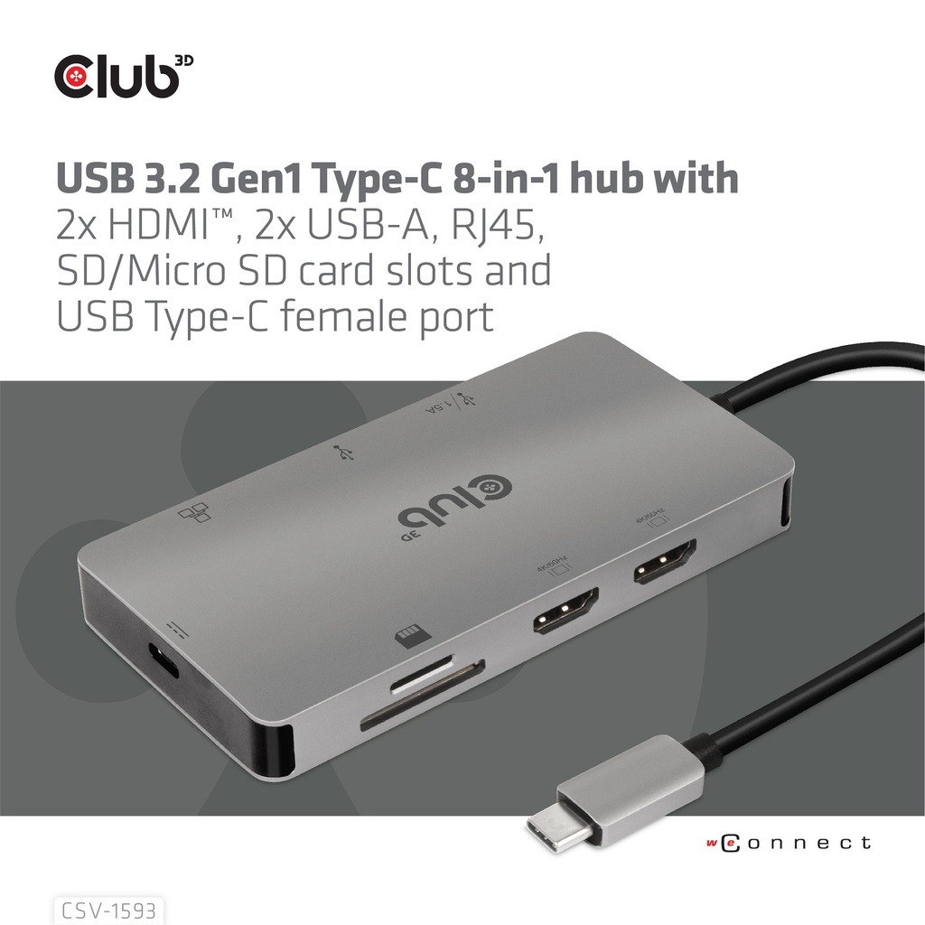 USB-C®5Gbps 8-in-1 hub with 2x HDMI™, 2x USB-A, RJ45, SD/Micro SD card slots and USB-C®female port